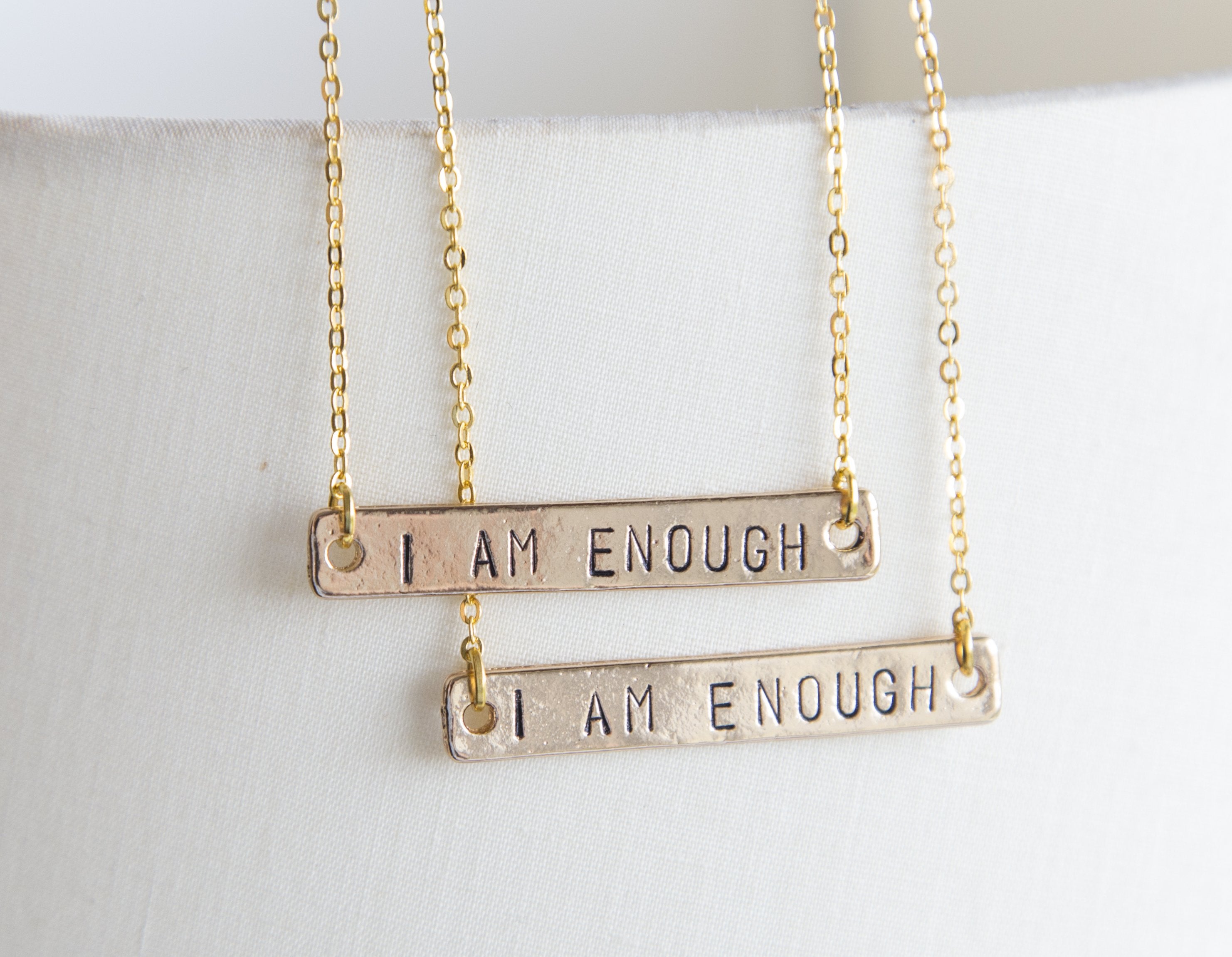 I Am Enough necklace, hand stamped golden bar necklace, feminist