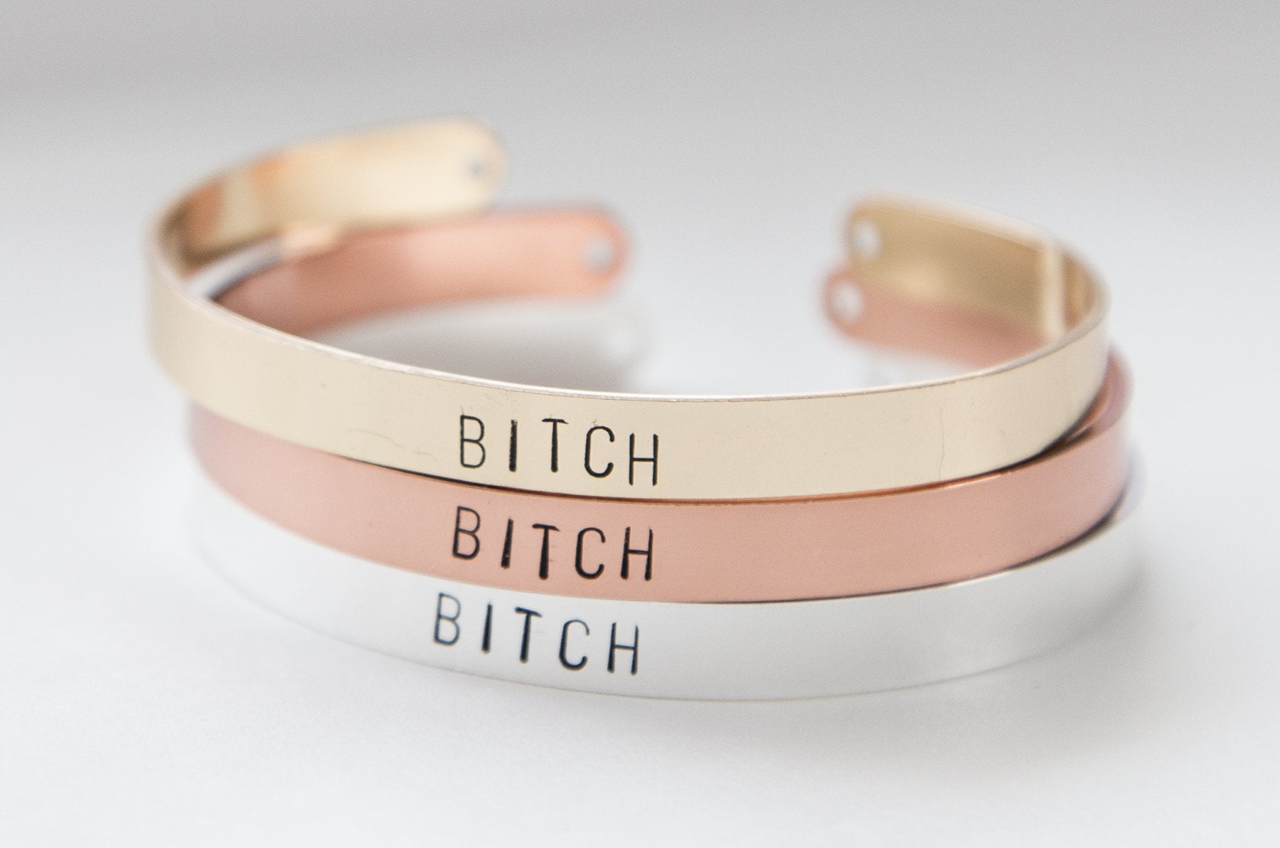 Bitch bracelet, hand stamped gold plated cuff, gold feminist,