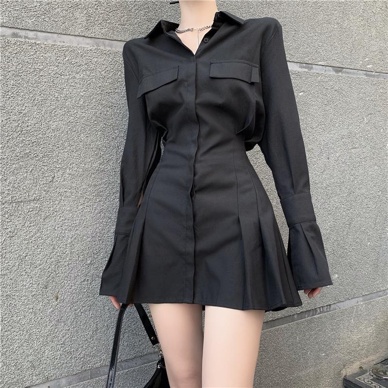 Black Shirt Dress Women Elegant Vintage Long Sleeve Dresses Sexy Gothic Pleated Streetwear Turn-down Collar Casual Robe