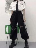 HOUZHOU Gothic Streetwear Women's Cargo Pants with Chain Punk Techwear Black Oversize Korean Fashion Wide Leg Trousers 2021 Alt