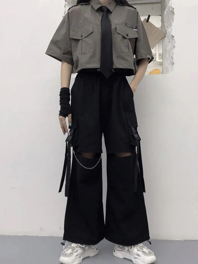 HOUZHOU Gothic Streetwear Women's Cargo Pants with Chain Punk Techwear Black Oversize Korean Fashion Wide Leg Trousers 2021 Alt