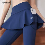 F.DYRAA Women Yoga Pants Jogginghose High Waist Elastic Pocket Leggings With Skirt Solid Gym Fitness