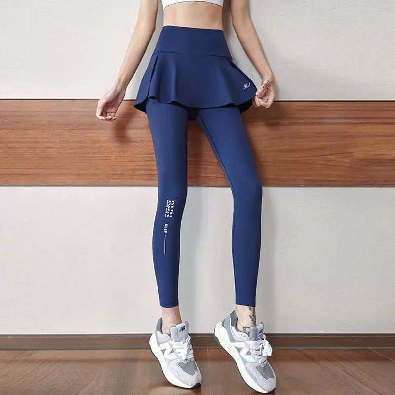 F.DYRAA Women Yoga Pants Jogginghose High Waist Elastic Pocket Leggings With Skirt Solid Gym Fitness