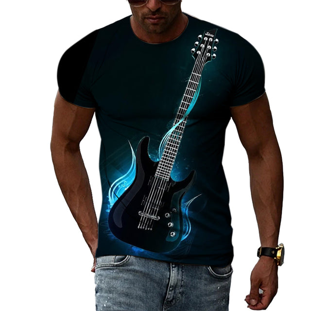 T-shirt manches courtes col rond pour homme, estival et décontracté, avec image de guitare, à la mode, avec impression 3D trendyol