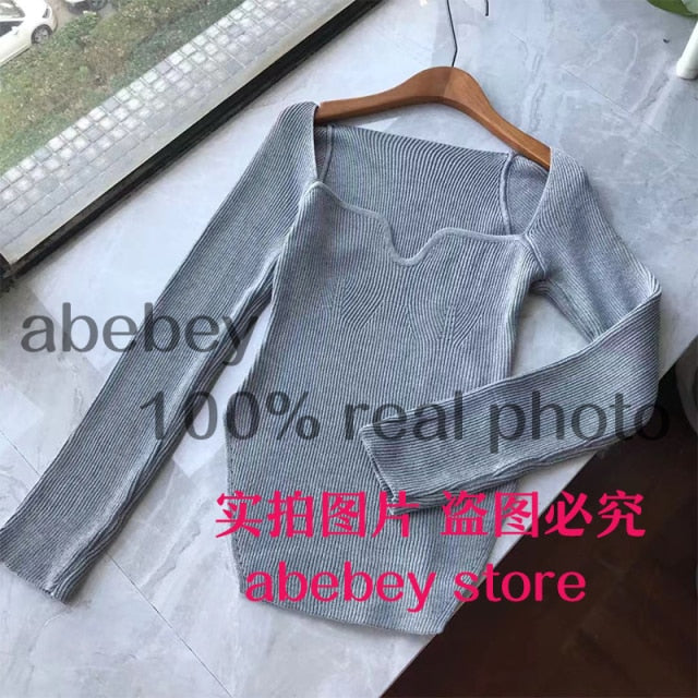 2021 new spring and summer fashion women clothes sqaure collar full sleeves elastic high waist sexy pullover WK080