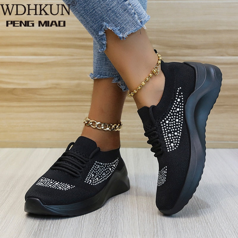 Women Vulcanized Shoes Air Mesh Crystal Lace-Up Solid Flat Casual Female Sneakers Fashion Comfortable Plus Size Ladies Footwear