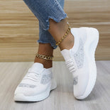 Women Vulcanized Shoes Air Mesh Crystal Lace-Up Solid Flat Casual Female Sneakers Fashion Comfortable Plus Size Ladies Footwear