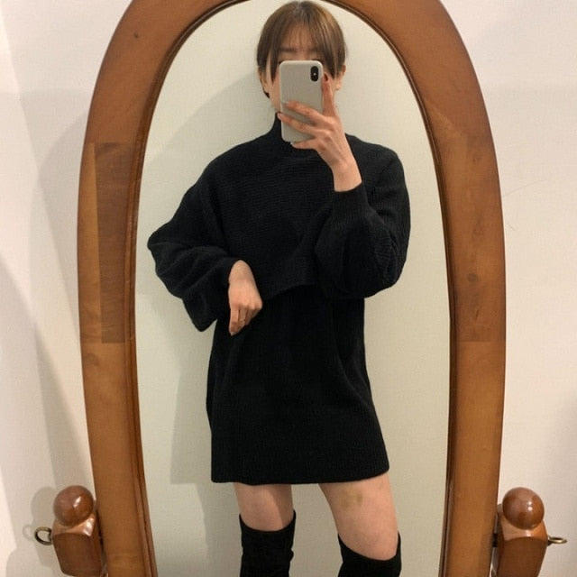 ITOOLIN Two-piece Dress Sets Winter outfit Two Piece Women Sweater Dress Set Femme Strap and Shawl Loose Dress Japanese Clothes