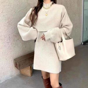 ITOOLIN Two-piece Dress Sets Winter outfit Two Piece Women Sweater Dress Set Femme Strap and Shawl Loose Dress Japanese Clothes