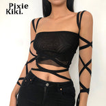 PixieKiki Black Mesh Lace Up Bandage Crop Top Fairy Grunge Aesthetic Clothes Cyber Y2k Mall Goth Tanks Sexy Clothing P94-BZ14