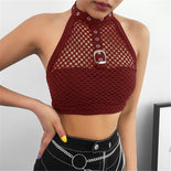 Mesh Fishnet Crop Top Women See Through Summer Female Clothes Backless Streetwear Gothic Hollow Out Sexy Black Halter Tank Top