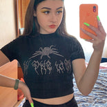 Summer Shirts Women Gothic Vintage Rhinestone Spider Graphic Black Blouses O Neck Short Sleeve Crop Tops Girls Aesthetics Blusas
