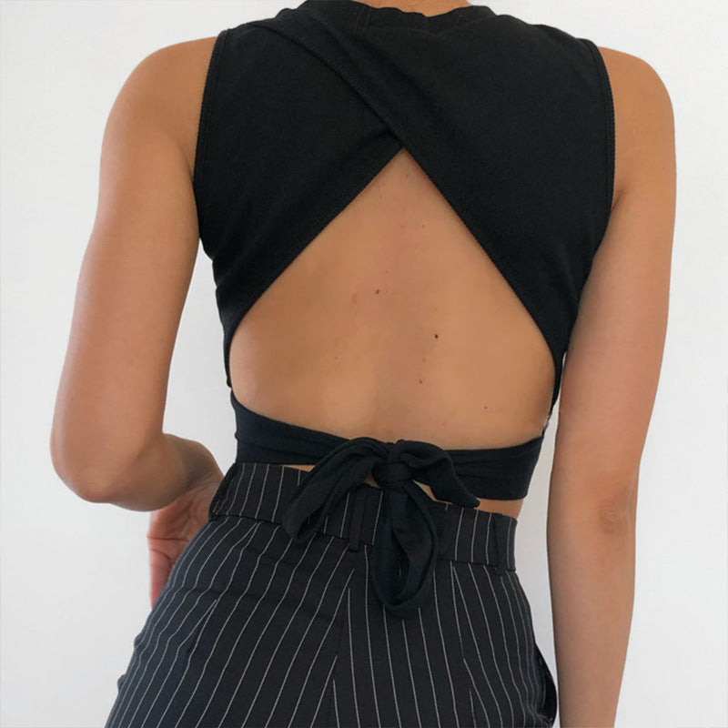 Sexy backless women tank top bandage slim crop top summer 2021 casual streetwear tops solid cotton soft criss cross top