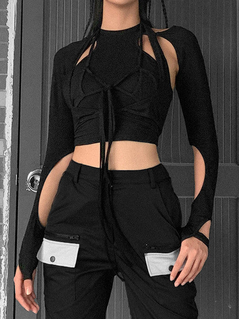 Side with Me 2022 Summer Long Sleeve Cropped Corset Women Top Sexy Aesthetic Club O Neck Fairy Grunge Black Women's T-Shirt